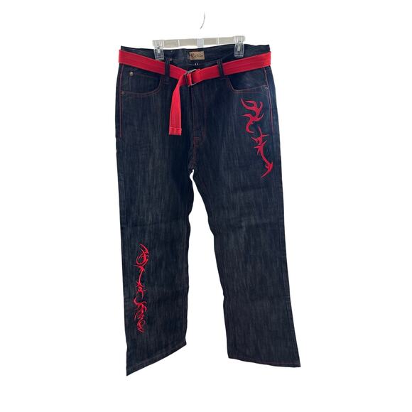 Russo Y2K Red Tribal Embroidered Dark Wash Jeans W40 L 34 - Picture 1 of 5